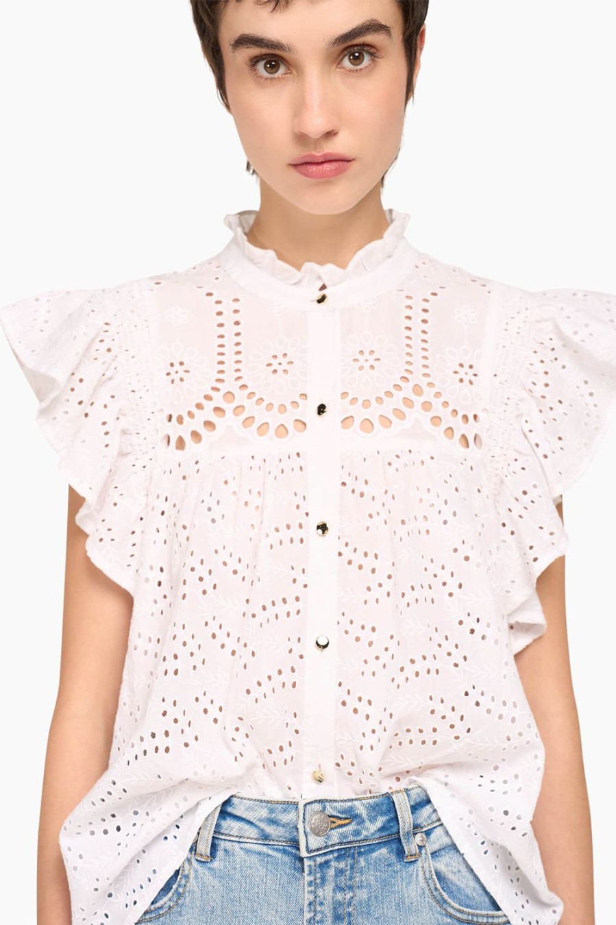 New JANICE Top Dames Broderie Dough Wit