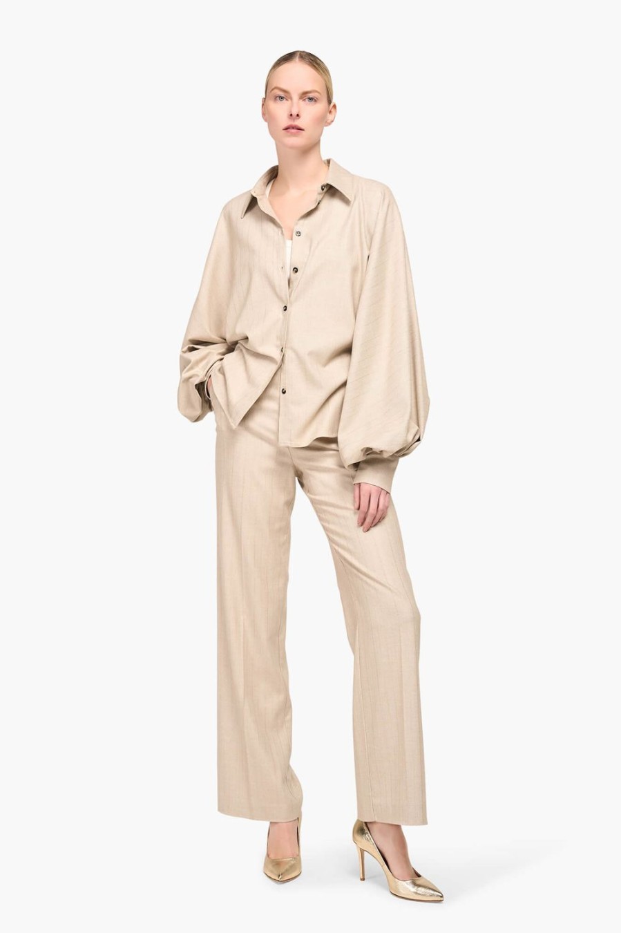 Hot JANICE Blouse Dames Wijd Stone Beige Lurex