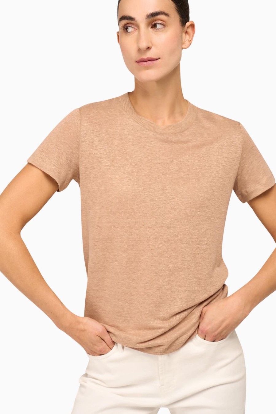 Clearance JANICE Linnen Shirt Dames Ronde Hals Ron Beige