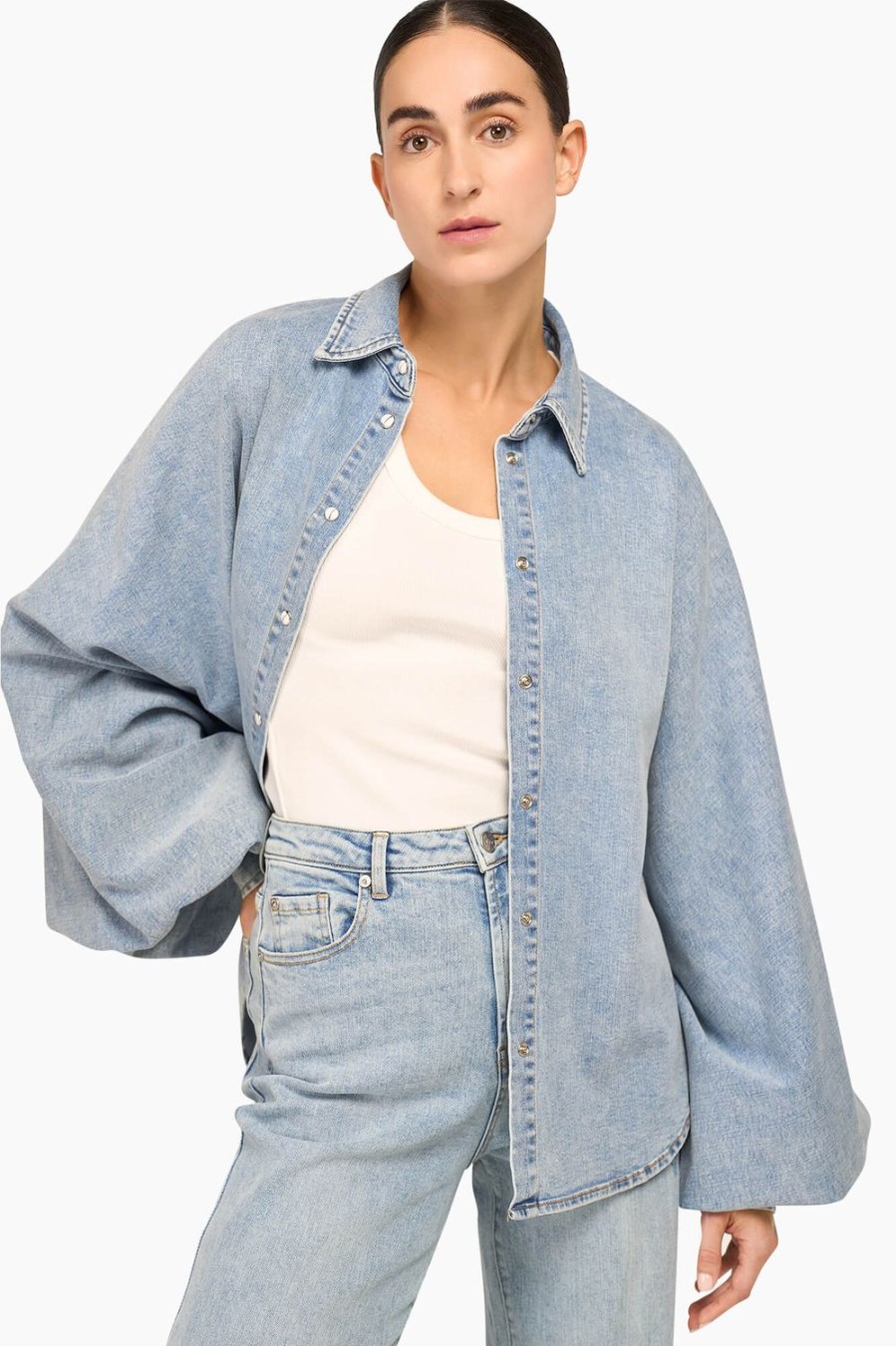 New JANICE Oversized Blouse Dames Stone Denim 202