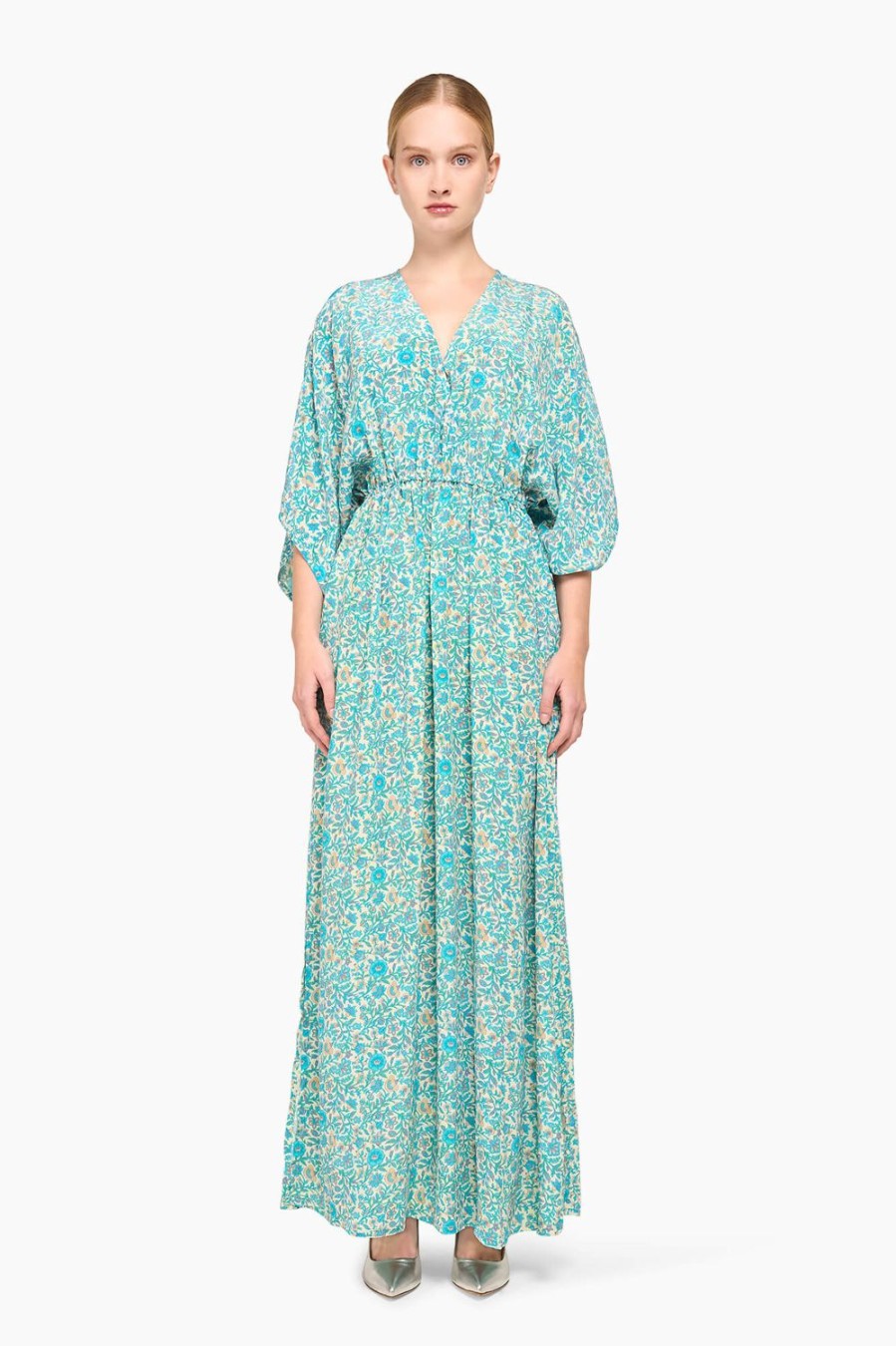 Clearance JANICE Kimono Jurk Lang Print Zijden Rane Blauw