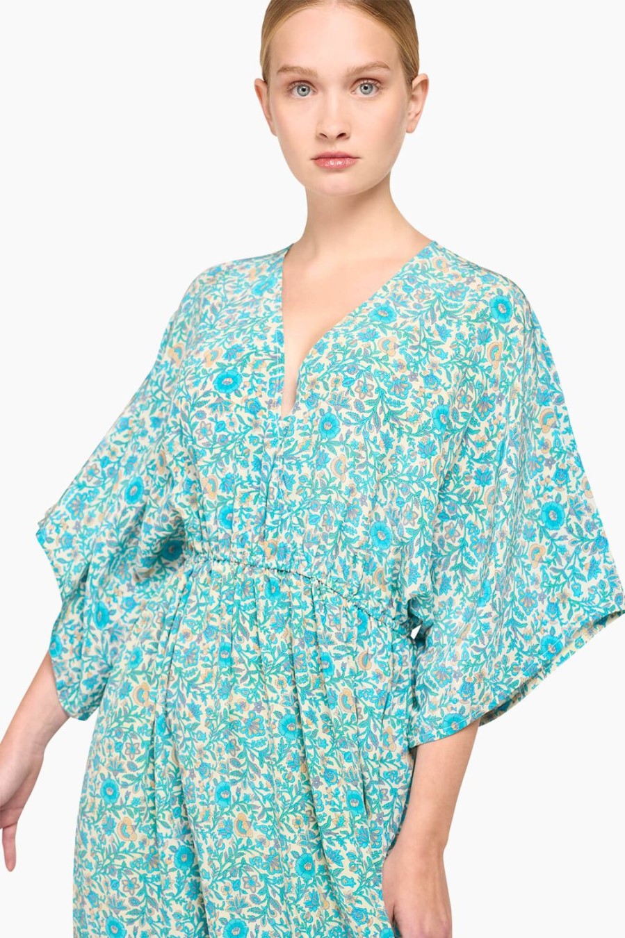 Clearance JANICE Kimono Jurk Lang Print Zijden Rane Blauw