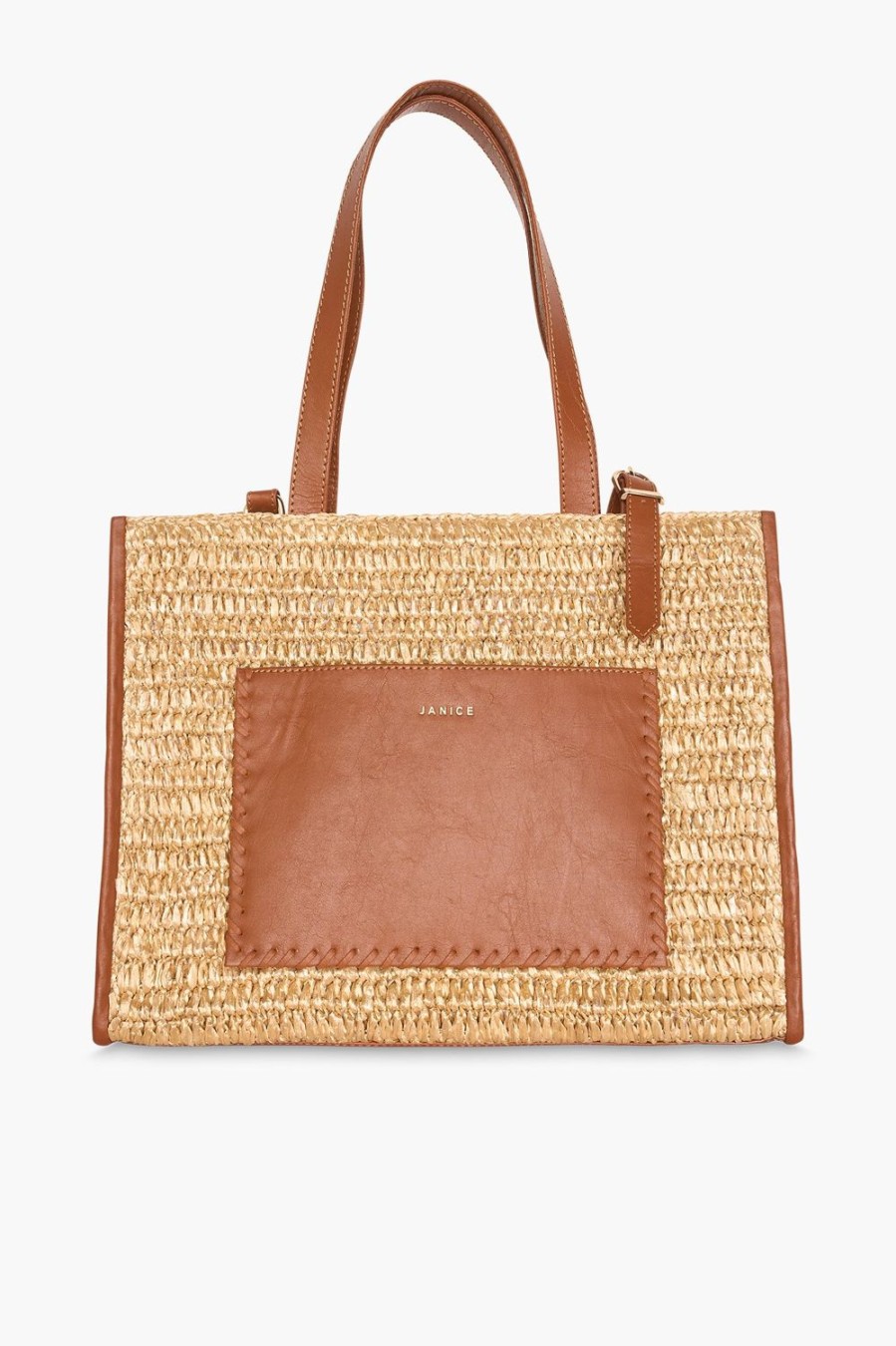 Best JANICE Tas Raffia Leer Leo Naturel Beige Medium