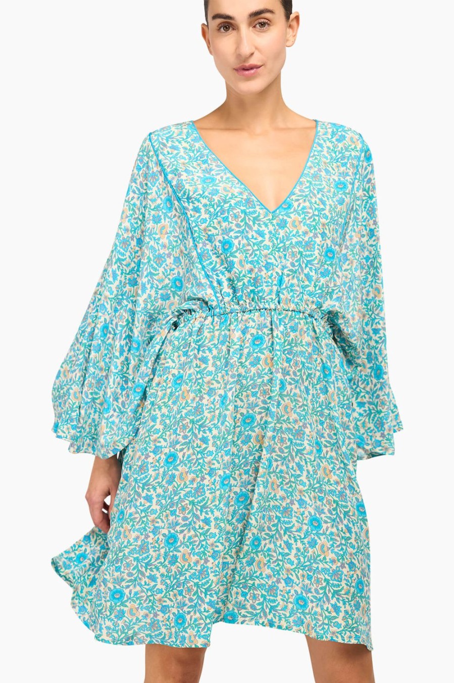 New JANICE Kimono Jurk Zijde Print Jacob Blauw